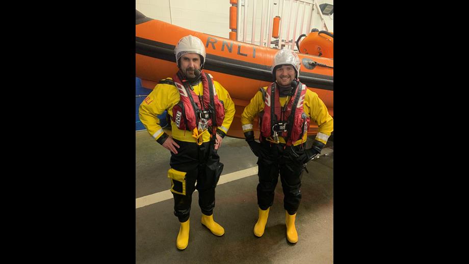 Newly appointed volunteer lifeboat crew for Kilrush RNLI, John Vaughan and James Harding get on their lifeboat kit for an exercise at the Clare lifeboat station.