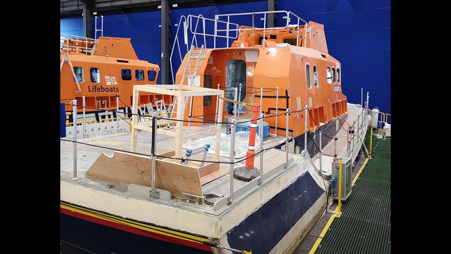 A stripped out Severn class lifeboat being worked on in the All-weather Lifeboat Centre