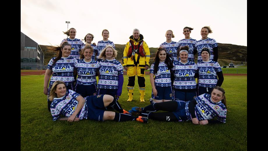 Jacqui Murray in her RNLI kit with the Shetland Women's Rugby Team