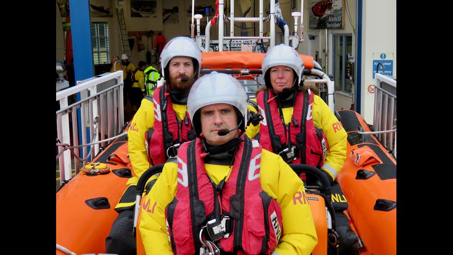 Atlantic 85 crew volunteers (left to right) Thomas Lincoln, Daniel Macpherson (helm) Sharon Swan.