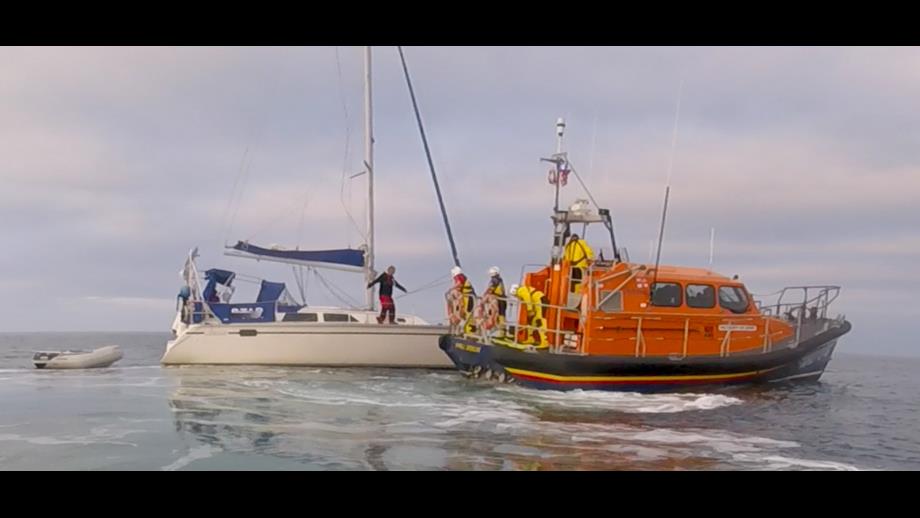 Amble lifeboat towing the casualty vessel south 