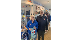 Bude RNLI shop volunteers Heather Jones and Andrew Barnard in their shop