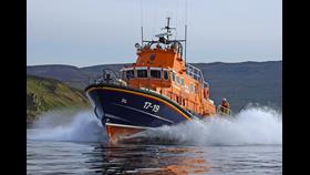 Campbeltown Severn class lifeboat Ernest and Mary Shaw 17-19, lifeboat moving from right to left, lots of white spray.