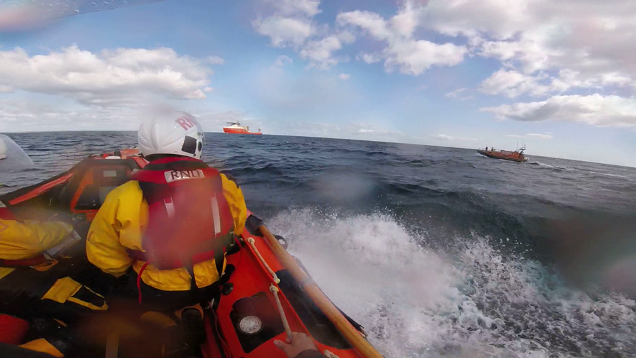 Taken from a still from the D Class helmet camera with Anstruther ALB to the right and a large windfarm vessel ahead