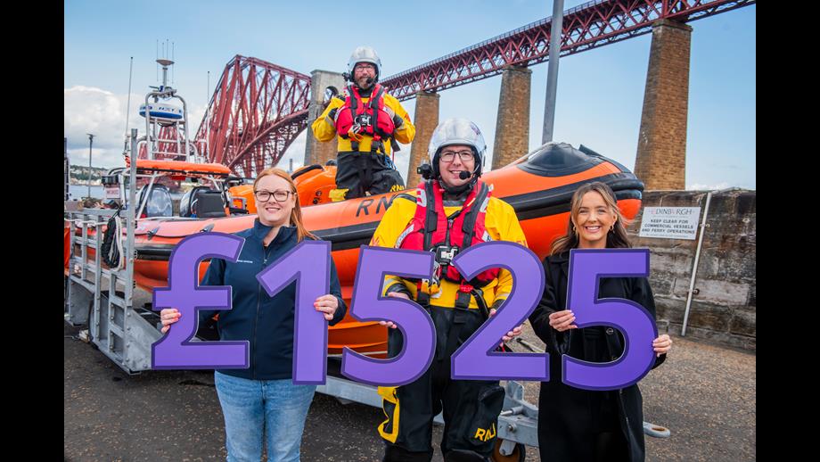 Taylor Wimpey's Holly Allenby with Queensferry RNLI Press Officer Adele Allan and crew members Graham and Grant holding numbers depicting donation amount in front of the Atlantic 85 Lifeboat