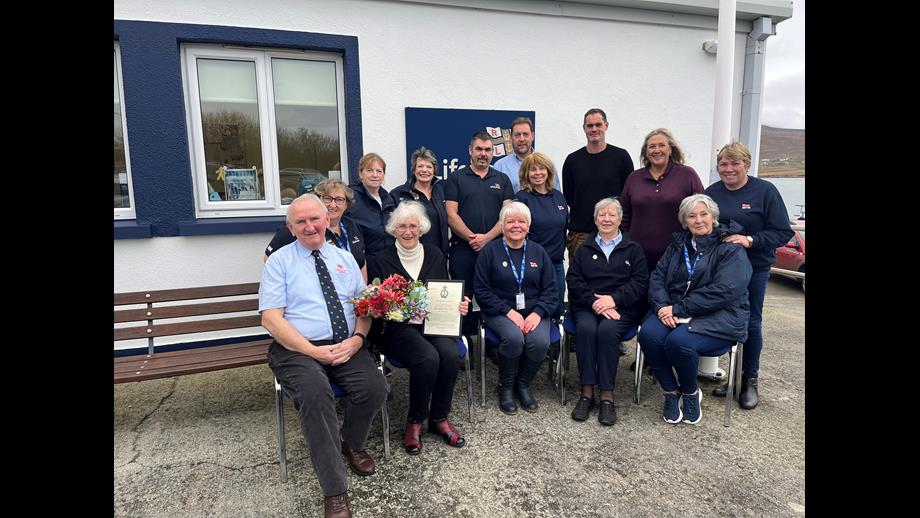 Alexandra Van Tuyll with RNLI Head of Region Anna Classon, fundraising volunteers and representatives from station management and operational lifeboat crew