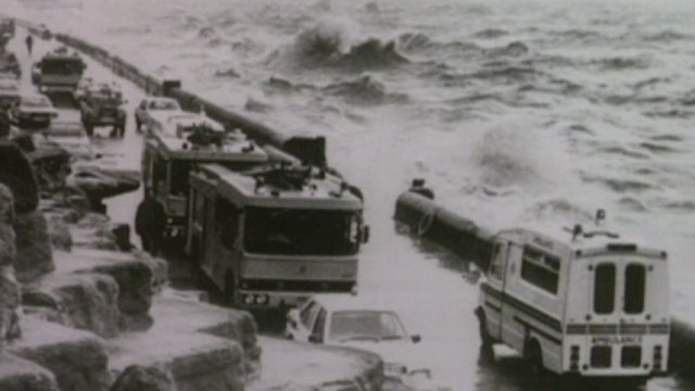 Scene of emergency services responding 5 January 1983 Lower Walk, Blackpool