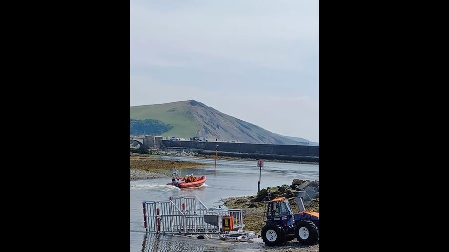 Aberystwyth Atlantic 85 Lifeboat Spirit of Friendship launching to assist two paddle boarders.
