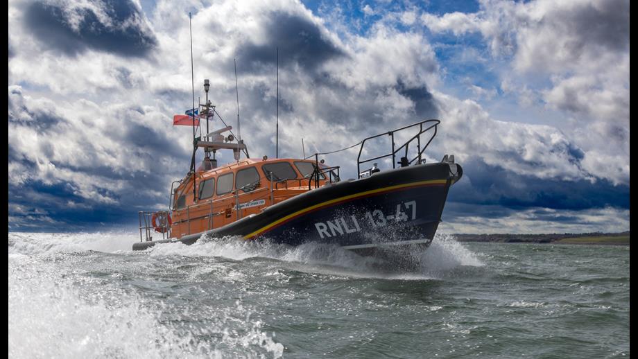 Full side shot of The bow of Shannon Class lifeboat at sea, i