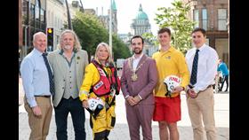 RNLI Trustee and Cox Paddy McLaughlin, Belfast Night Czar Michael Stewart, Donaghadee Volunteer Nicky Butler, Lord Mayor Micky Murray, Lifeguard Adam Cummings and Regional Ops Lead Rogan Wheeldon