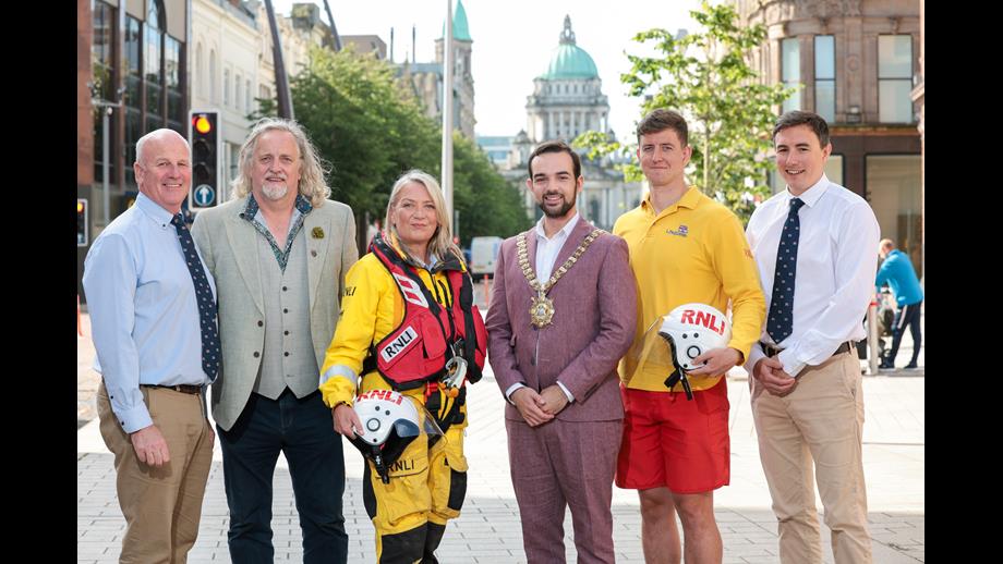 RNLI Trustee and Cox Paddy McLaughlin, Belfast Night Czar Michael Stewart, Donaghadee Volunteer Nicky Butler, Lord Mayor Micky Murray, Lifeguard Adam Cummings and Regional Ops Lead Rogan Wheeldon