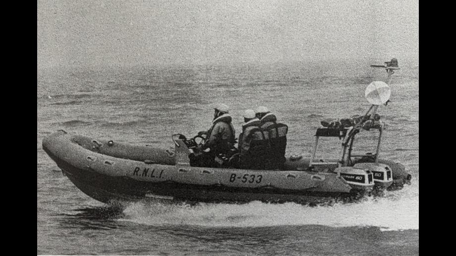 A black and white photo from 1976 of Atlantic 21 lifeboat B-533 which Charlie Davies crewed