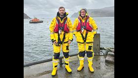 A picture of new mechanic Josh Masson with full time station mechanic John &quot;Clanky&quot; Nicolson and lifeboat Stanley Watson Barker in the background.