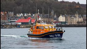 The Shannon Class lifeboat The Campbell-Watson moving slowly on Oban Bay 