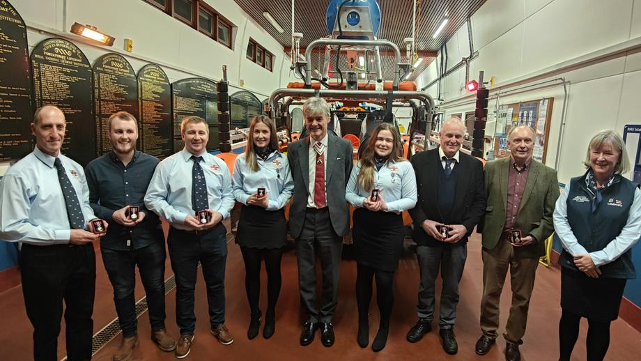 Coronation Medal recipients with the Lord-Lieutenant in Portaferry RNLI station