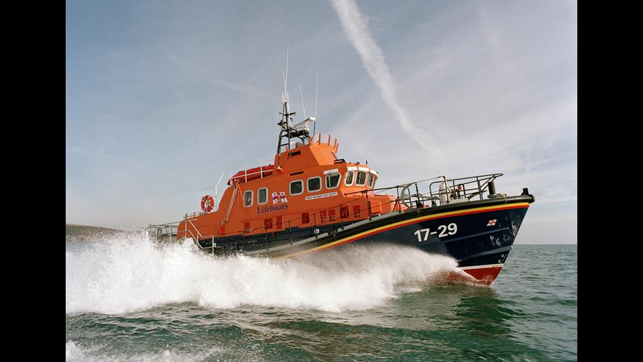 Falmouth’s Severn class all-weather lifeboat Richard Cox Scott on exercise in Falmouth Bay was taken in February 2002, two months after she placed on service at the station