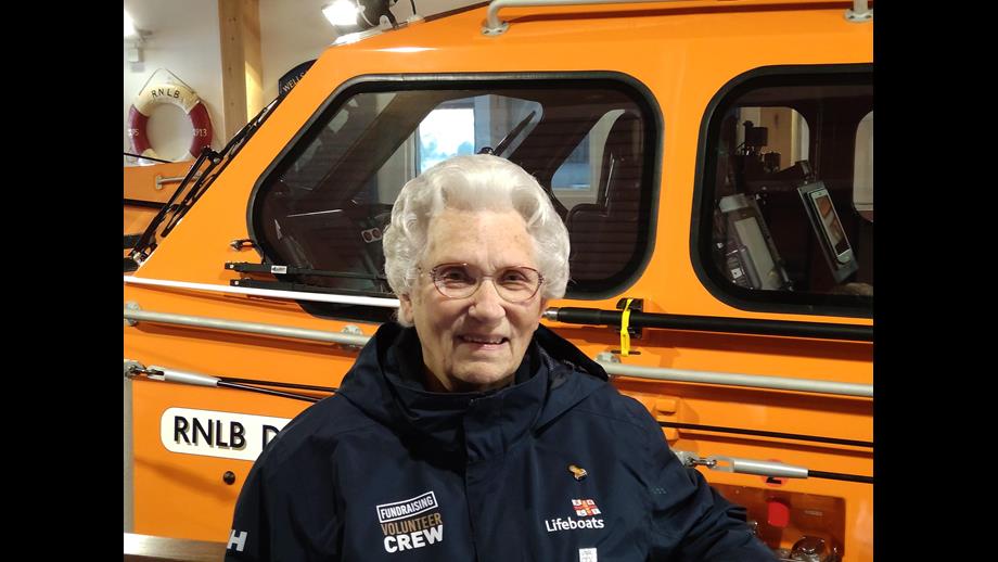 Sheila Warner MBE Wells Lifeboat Station with Shannon class lifeboat ‘ Duke of Edinburgh’