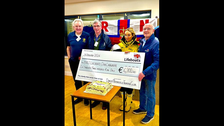 Pictured at the cheque presentation meeting of Dublin Motorcycle Touring Club members are from left, Jim McGrath, DMTC chairman, John Dunne, DMTC treasurer, Dun Laoghaire RNLI crew member Moselle Hogan and Michael Donohoe, Dun Laoghaire RNLI fundraising branch. 
