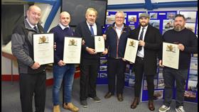 Andrew Smith, James Tacon, Henry Carter, Ben Arlow and Michael Beadle with their framed certificates
