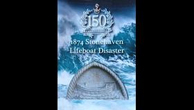 Stonehaven Lifeboat disaster 150th anniversary commemorative leaflet design. Image of memorial carving of a lifeboat of the time.