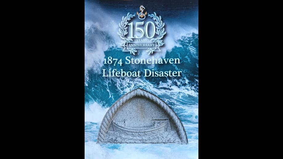 Stonehaven Lifeboat disaster 150th anniversary commemorative leaflet design. Image of memorial carving of a lifeboat of the time.