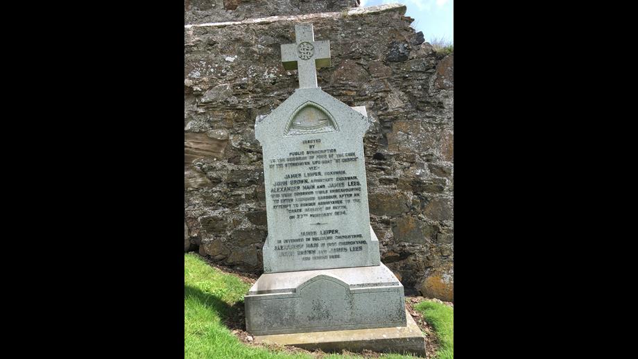 Photo of the memorial headstone to James Leiper, John Brown, Alexander Main and James Lees. Crew of the Stonehaven lifeboat who lost their lives in the disaster of 1874 the