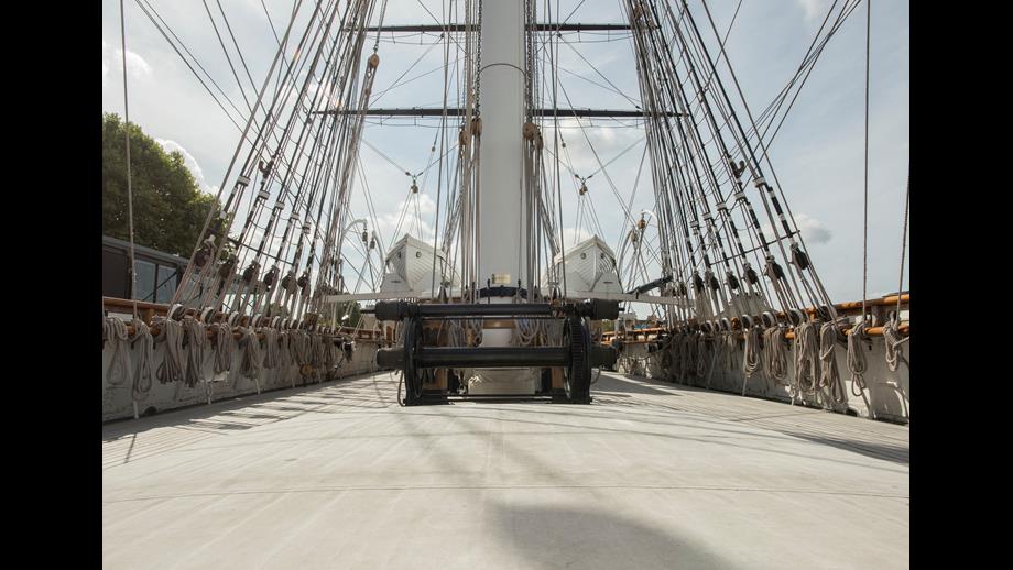 Onboard the Cutty Sark with its two lifeboats in the background