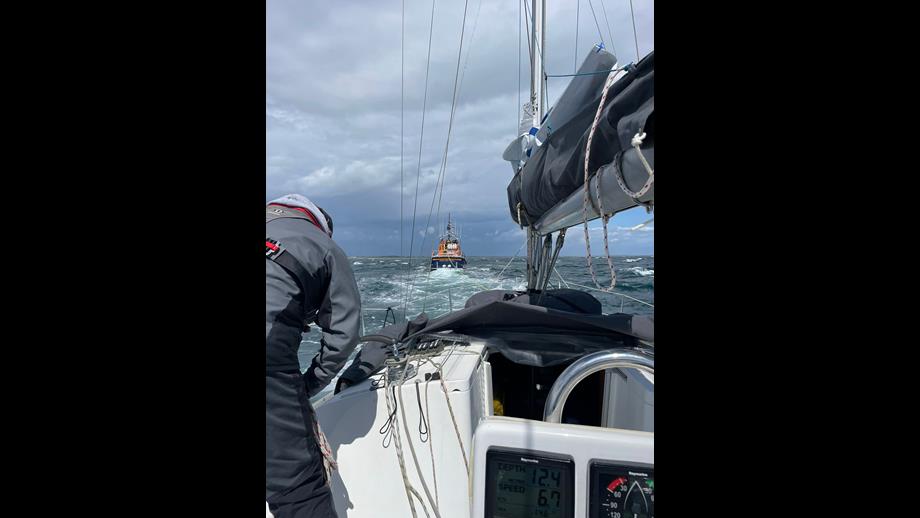 View of lifeboat from casualty vessel under tow