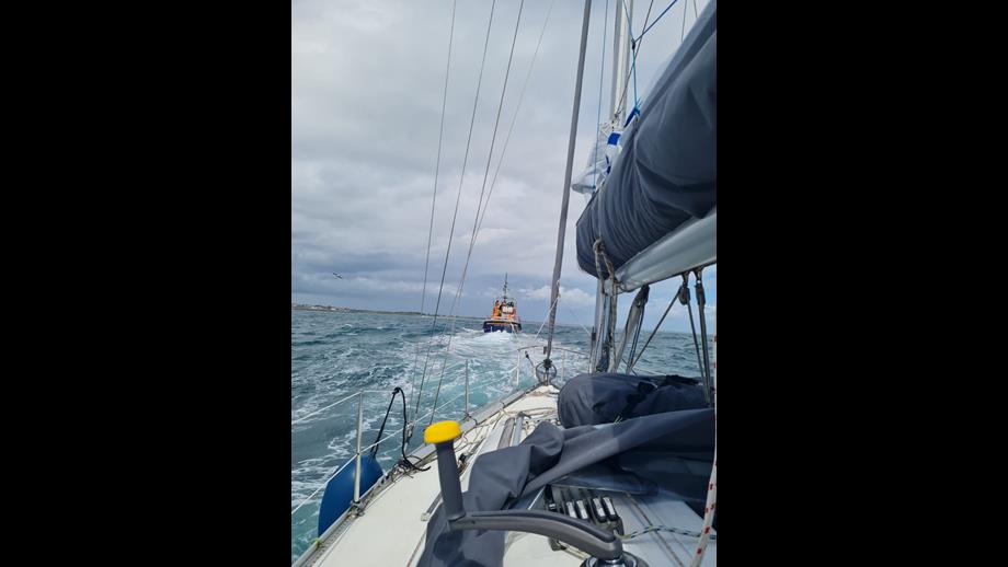 View of lifeboat from casualty vessel under tow