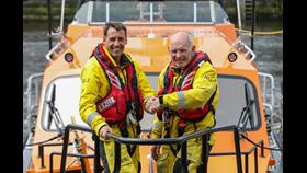 Whitby RNLI Station Mechanic Richard Dowson with volunteer Keith Attridge on the Shannon class lifeboat.
