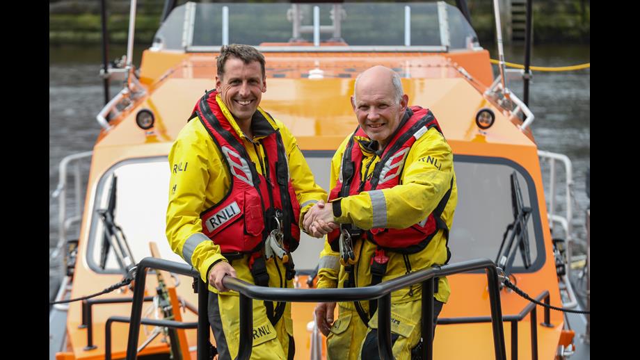 Whitby RNLI Station Mechanic Richard Dowson with volunteer Keith Attridge on the Shannon class lifeboat.