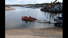 RNLI Wells launch to assist three people and dog cut of by the tide. Under the command of of newly passed out Helm Gary Yarham