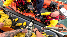 RNLI crews lift dog to safety