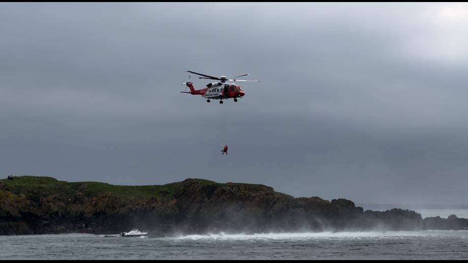 Coast Guard helicopter Rescue 116 winch stranded family to safety at Lambay Island, off North Dublin Coast.