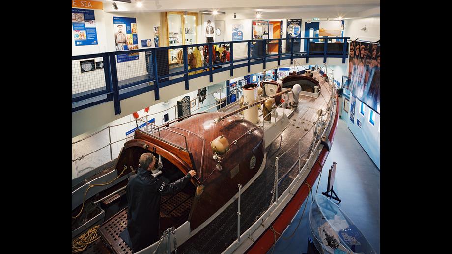Pic shows Henry Blogg's lifeboat H.F Bailey at the museum in Cromer. The shot shows the scale of the vessel filling the entire museum with a gallery around it and can only be seen from midships with a man on board
