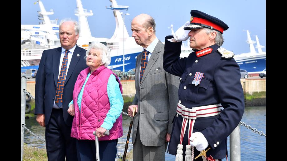 Mark Dowie, Pat Owens, His Royal Highness and the Lord-Lieutenant paying their respects at the memorial of the Fraserburgh Lifeboat Disasters.