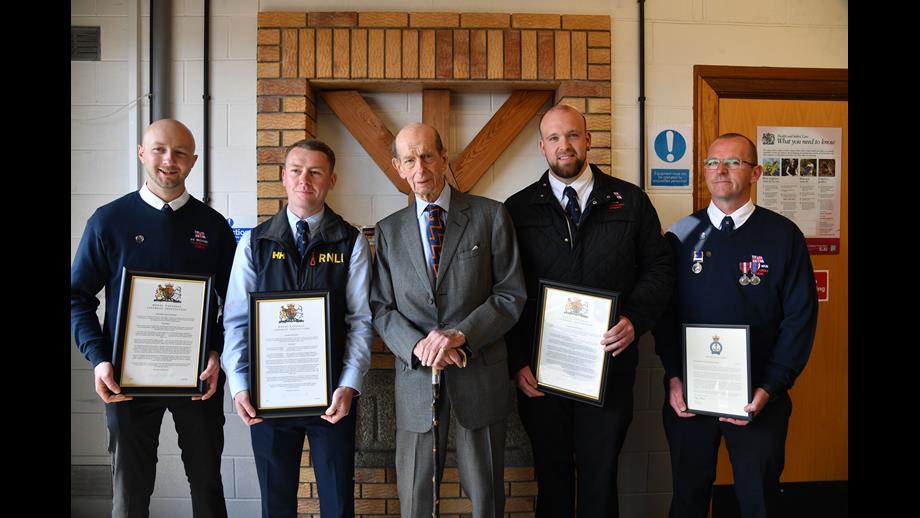 His Royal Highness presented three Chair Letters of Thanks to Coxswain Ethan Harris and crew members Stephen Brown and Shane Richardson, and a Chief Executive’s Commendation to Davy Sutherland, for the part they played in the rescue of four fishermen from a vessel that grounded and subsequently sank in October 2022.