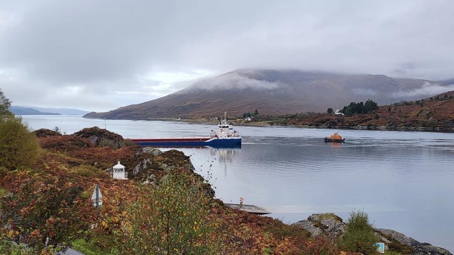 Cargo vessel ‘Gotland’ aground in the Kylerhea narrows in Portree RNLB standing by.