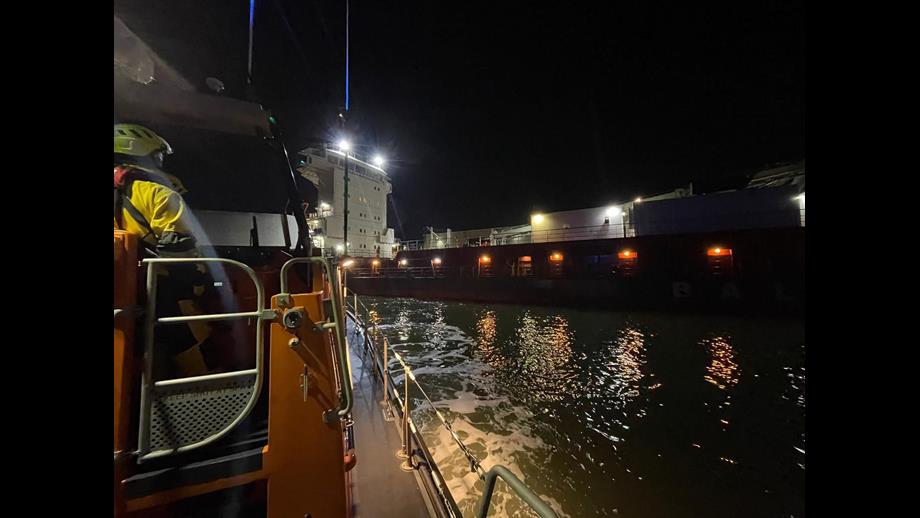 The Sheerness all-weather lifeboat stands by whilst the casualty vessel is made safe.