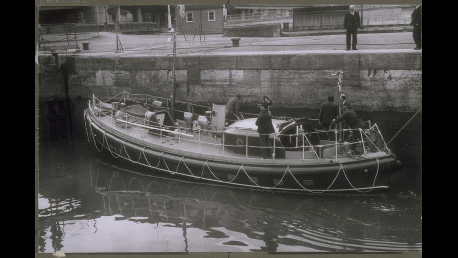 Cromer station. ON 777. Watson Motor class. 'H F Bailey' Lifeboat moored at quayside. Part of the Grahame Farr Archives.