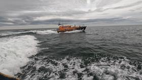 Anstruther RNLI retiring lifeboat leaves Scotland, she is seen travelling south through the waves