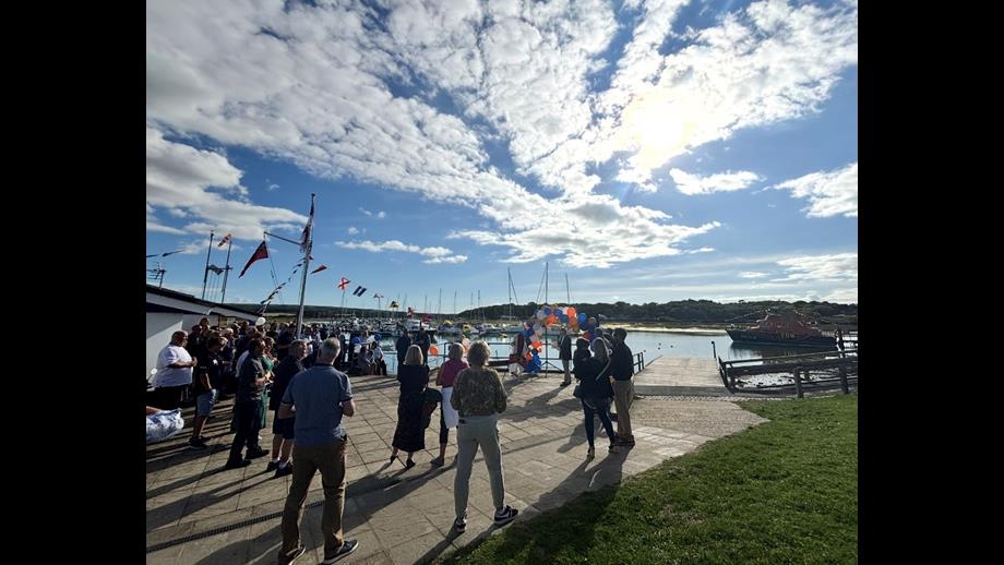 Guests listening to the speeches made by local historian Kevin Shaw, Lifeboat Operations Manager Tom Carlstedt-Duke, Coxswain Howard Lester and Lifeboat Station President Dame Ellen MacArthur.