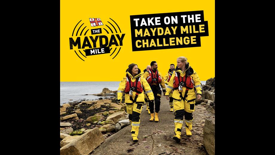 Poster of Mayday Mile Challenge with crew walking in kit along rocky sea front.
