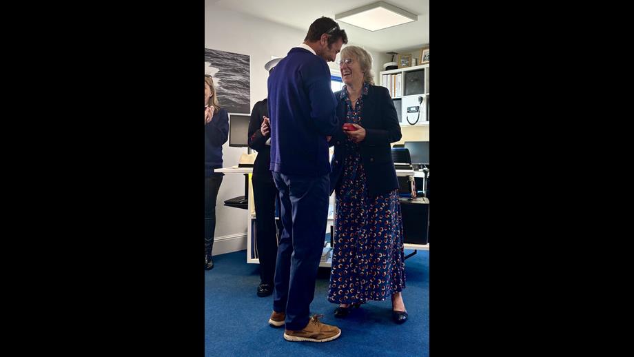 Lord-Lieutenant Suzie Sheldon presenting Adam Preece with his King’s Coronation Medal.