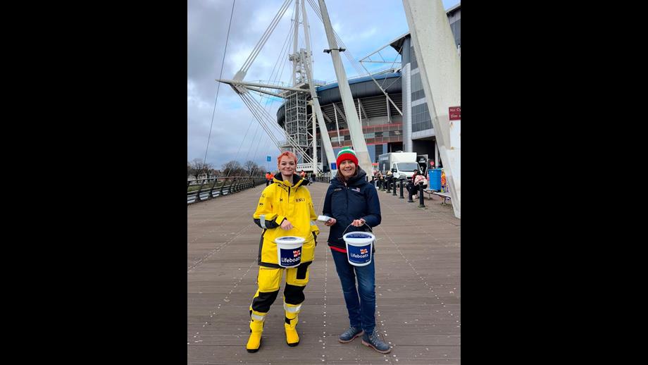 The photo is of the new Chair, Olivia Harrison bucket collecting outside the Principality Stadium with volunteer crew member Katie Phillips