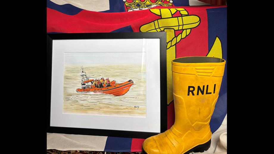 Malcolms mix-media artwork of Weston-super-Mare RNLI’s Atlantic 85 inshore lifeboat in action
