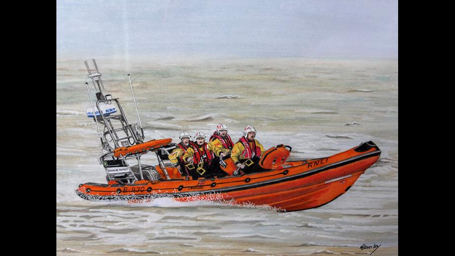 A close up photo of Malcolm's lifeboat artwork, showing Weston crew on the Atlantic 85 lifeboat