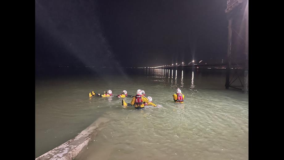 The RNLI trainees take to the water for the first time wearing full PPE next to Southend pier