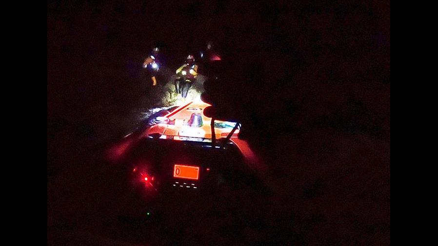 Very dark night, ILB shining torch and approaching dog and crew member.