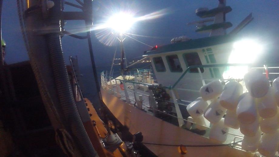 Casualty in an alongside tow as the two vessels enter Fishguard Harbour.